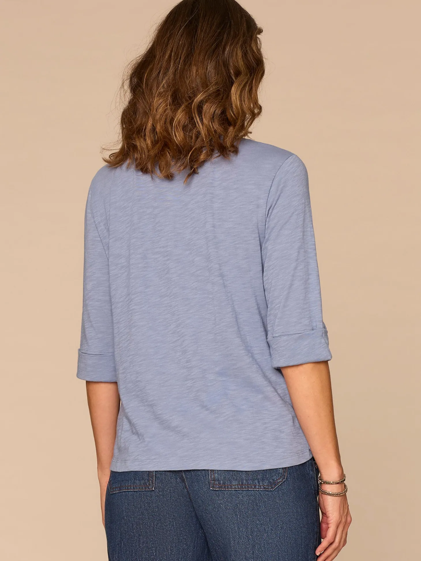 Elbow Roll Cuff Sleeve Scoop Neck Half Crochet Placket Knit Top
