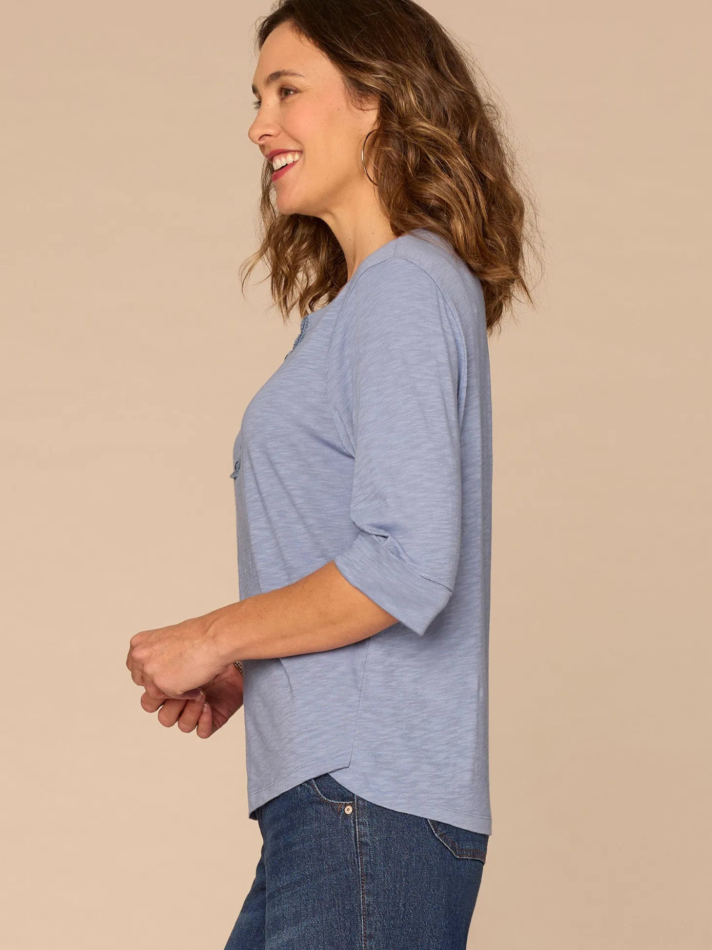 Elbow Roll Cuff Sleeve Scoop Neck Half Crochet Placket Knit Top