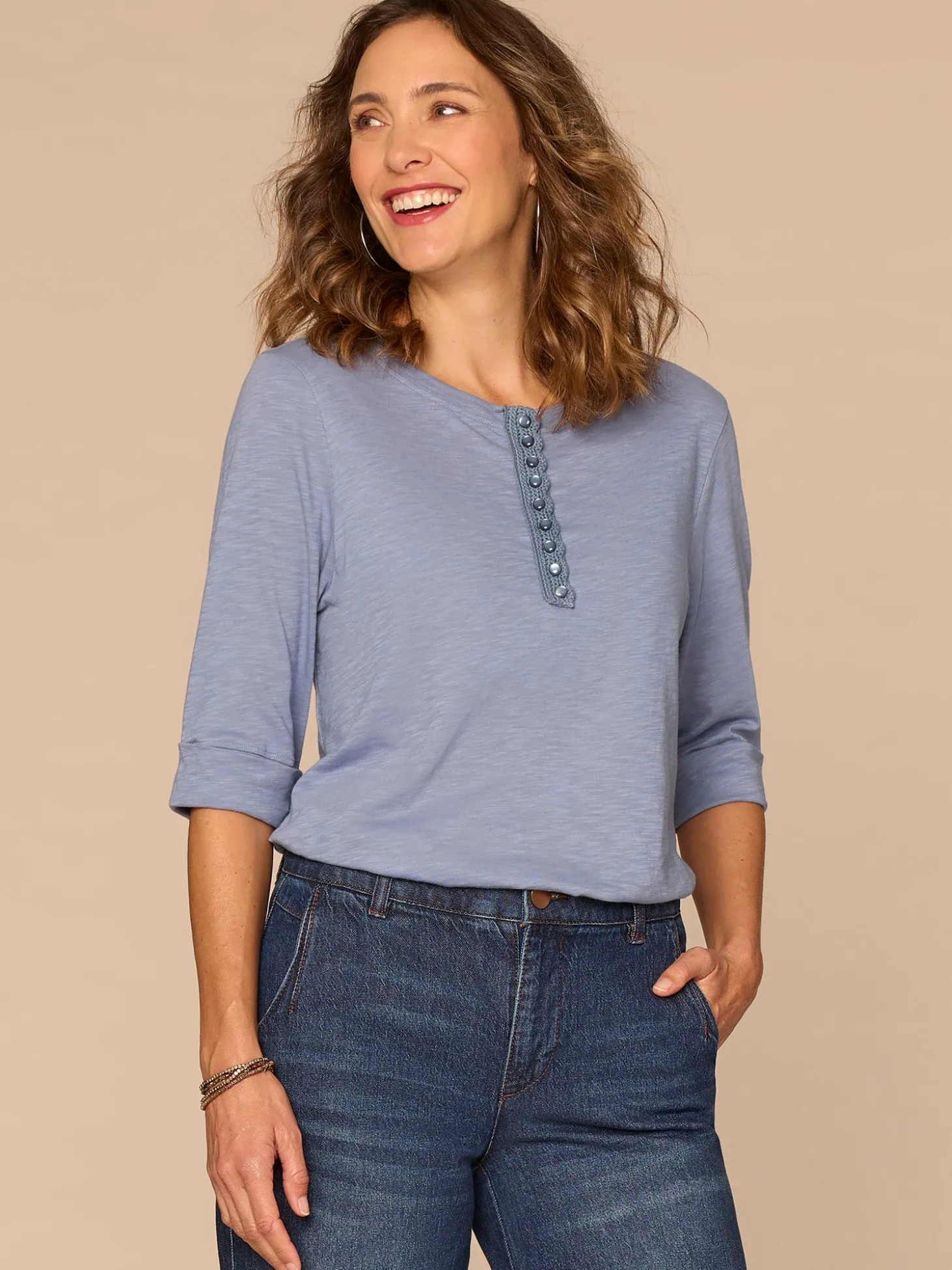 Elbow Roll Cuff Sleeve Scoop Neck Half Crochet Placket Knit Top