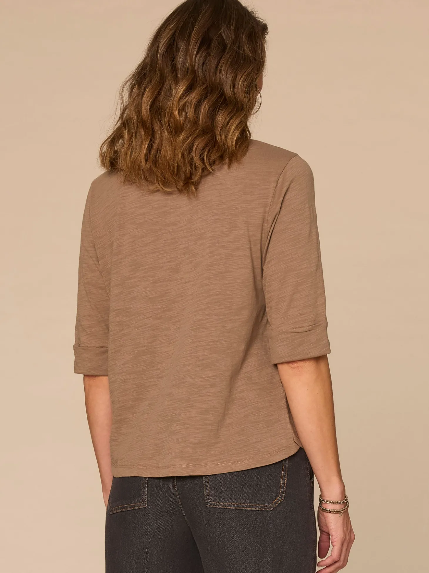 Elbow Roll Cuff Sleeve Scoop Neck Half Crochet Placket Knit Top