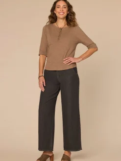 Elbow Roll Cuff Sleeve Scoop Neck Half Crochet Placket Knit Top