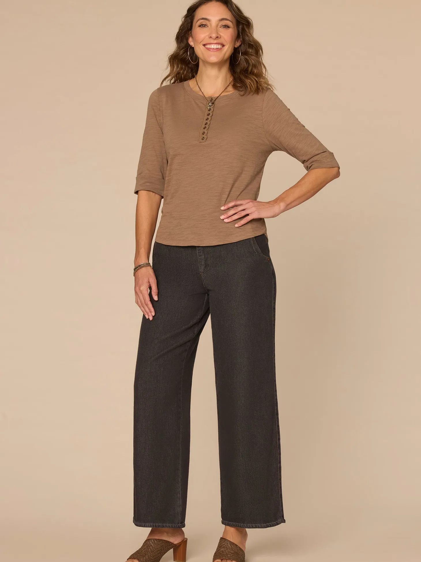 Elbow Roll Cuff Sleeve Scoop Neck Half Crochet Placket Knit Top