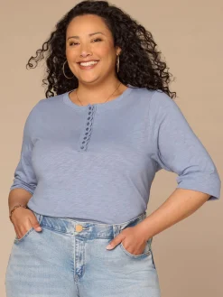 Elbow Roll Cuff Sleeve Scoop Neck Crochet Placket Plus Size Knit Top