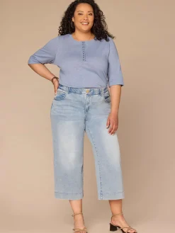 Elbow Roll Cuff Sleeve Scoop Neck Crochet Placket Plus Size Knit Top