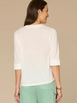Elbow Roll Cuff Sleeve Split V Neck Surplus Hem Knit Top