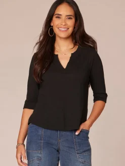 Elbow Roll Cuff Sleeve Split V Neck Surplus Hem Knit Top