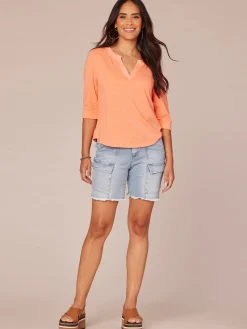 Elbow Roll Cuff Sleeve Split V Neck Surplus Hem Knit Top