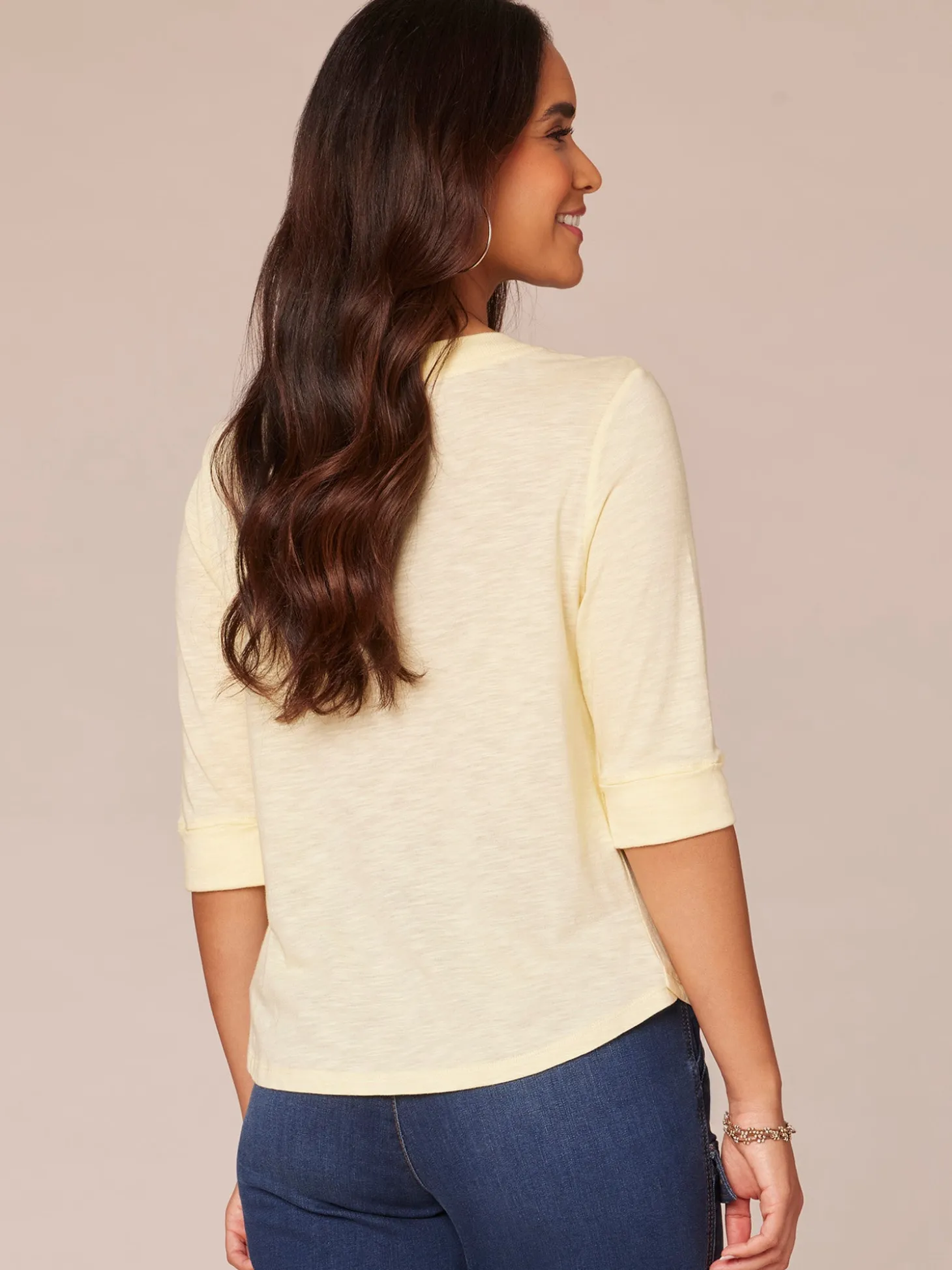 Elbow Roll Cuff Sleeve Split V Neck Surplus Hem Knit Top