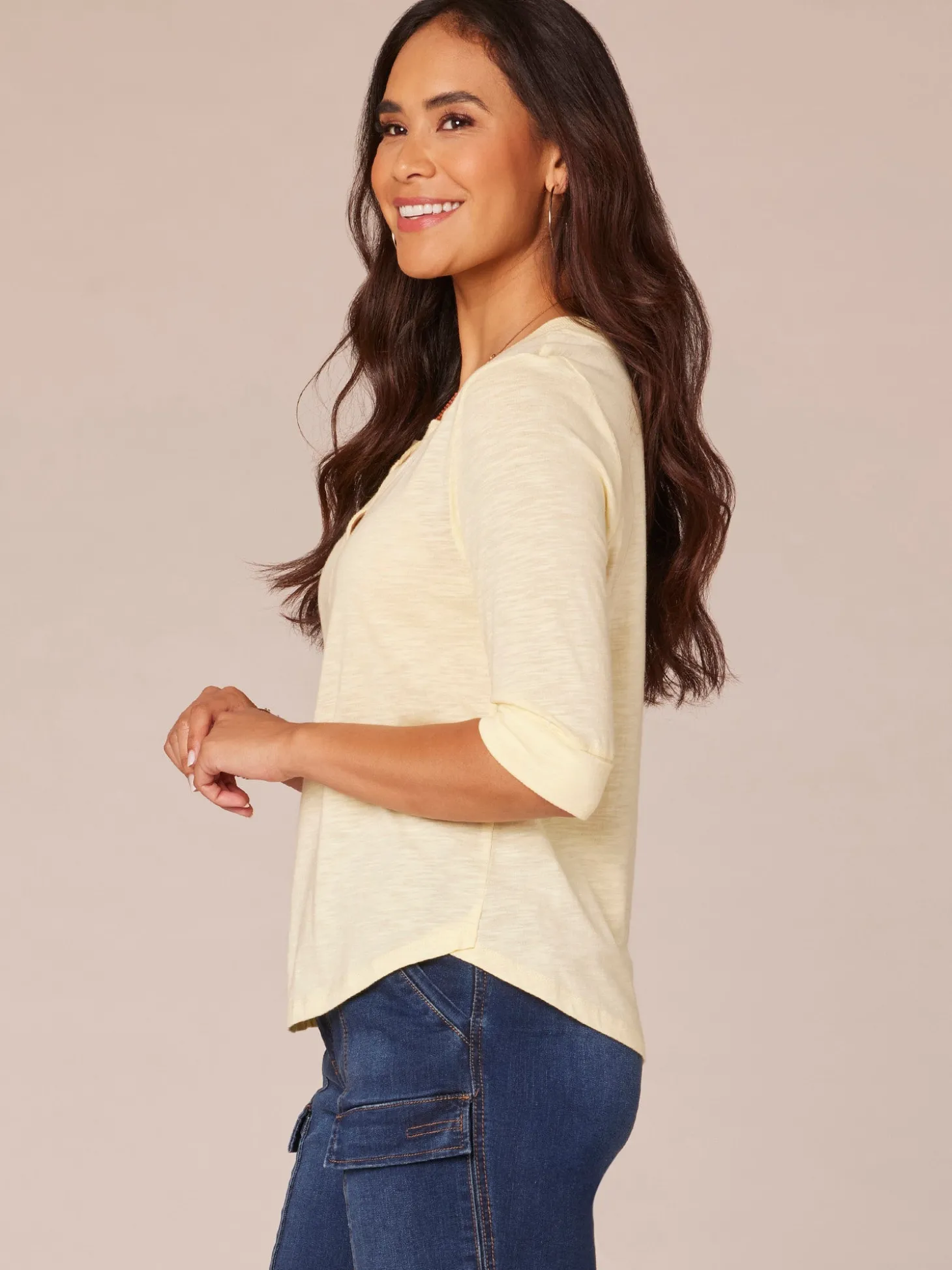 Elbow Roll Cuff Sleeve Split V Neck Surplus Hem Knit Top