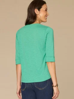 Elbow Roll Cuff Sleeve Split V Neck Surplus Hem Knit Top