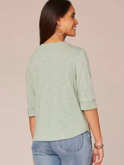Elbow Roll Cuff Sleeve Split V Neck Surplus Hem Knit Top