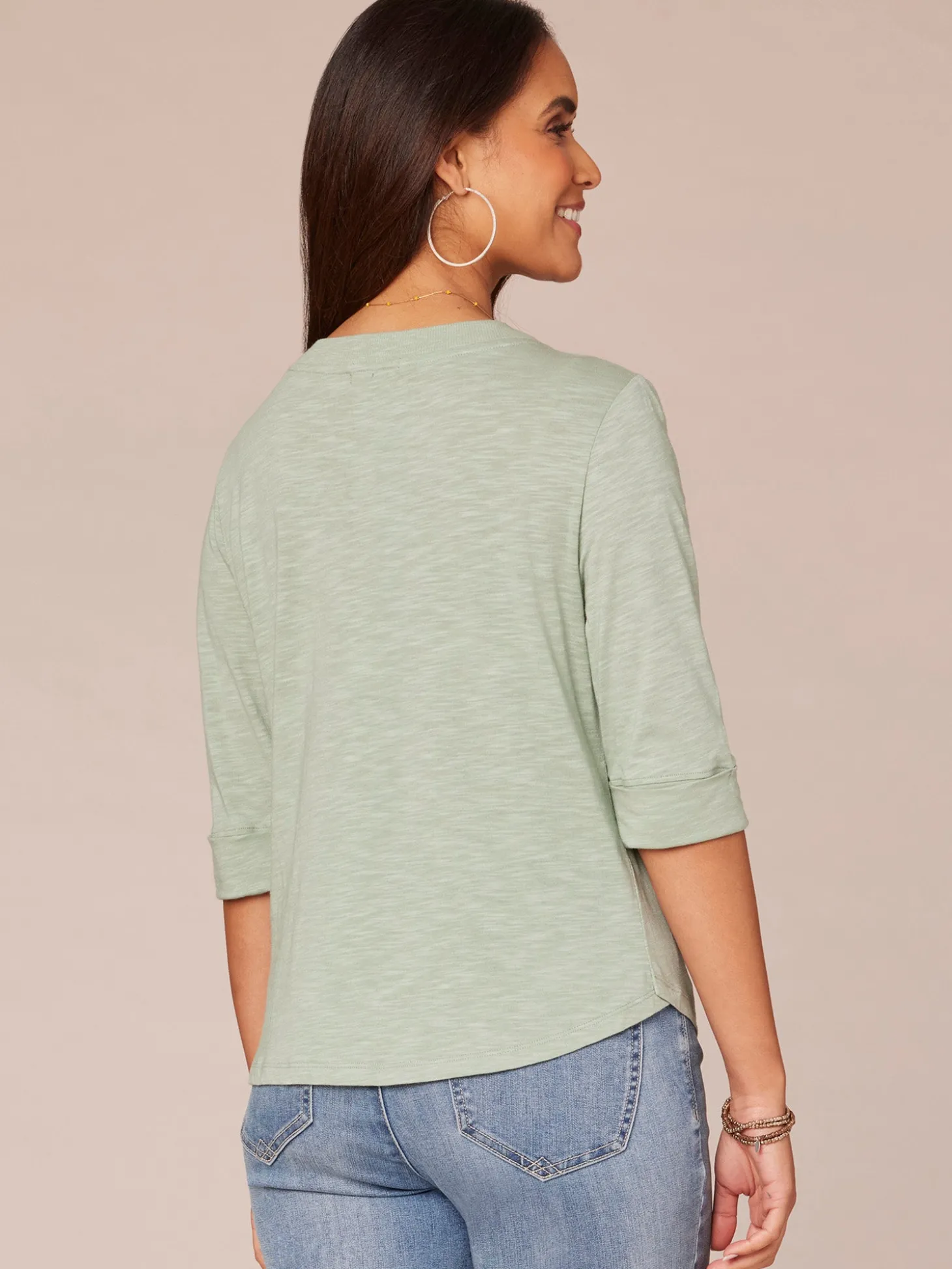 Elbow Roll Cuff Sleeve Split V Neck Surplus Hem Knit Top