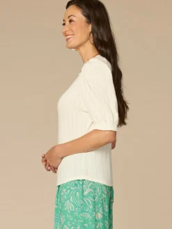 Elbow Sleeve Mandarin Collar Half Placket Embroidered Petite Knit Top