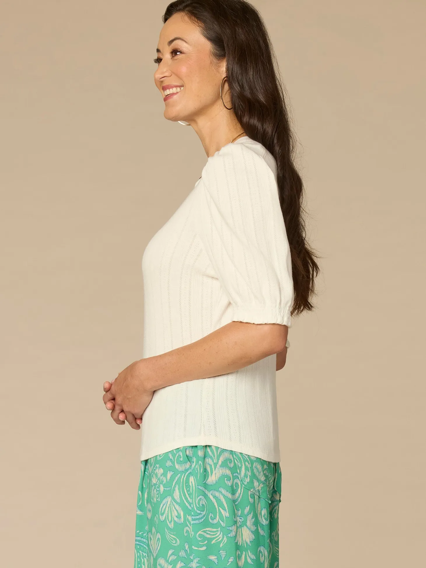 Elbow Sleeve Mandarin Collar Half Placket Embroidered Petite Knit Top