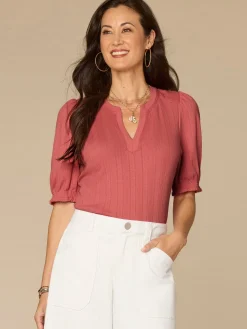 Elbow Sleeve Mandarin Collar Half Placket Embroidered Petite Knit Top