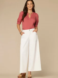 Elbow Sleeve Mandarin Collar Half Placket Embroidered Petite Knit Top