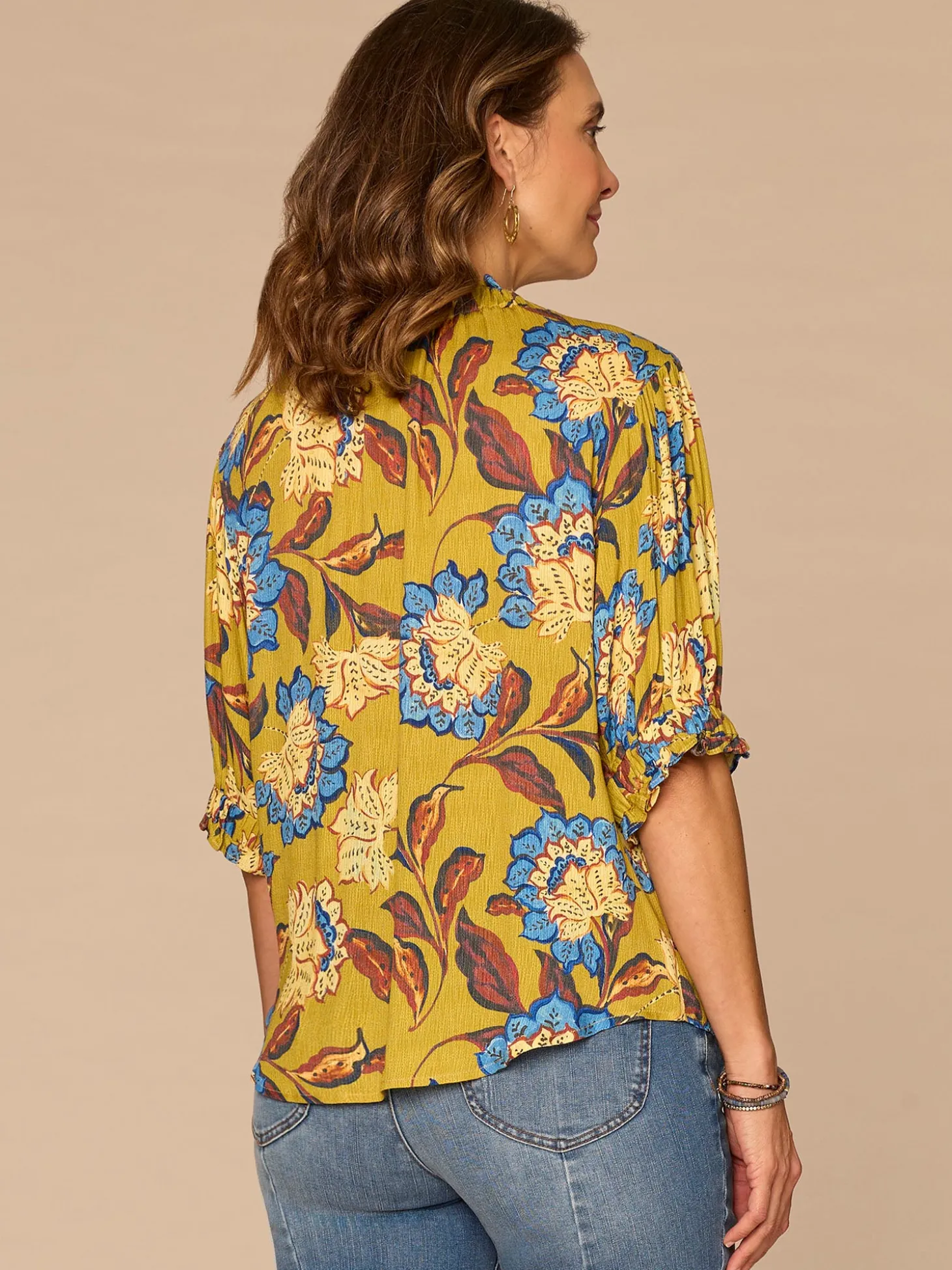 Elbow Sleeve Ruffle Split Neck Button Down Abstract Print Woven Top
