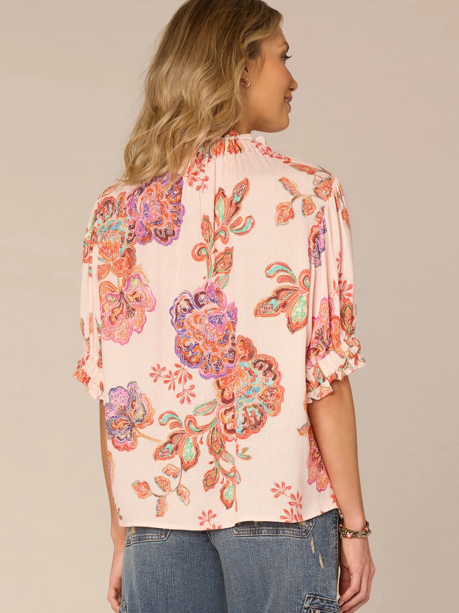 Elbow Sleeve Ruffle Split Neck Button Down Abstract Print Woven Top