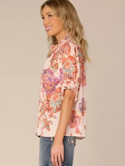 Elbow Sleeve Ruffle Split Neck Button Down Abstract Print Woven Top