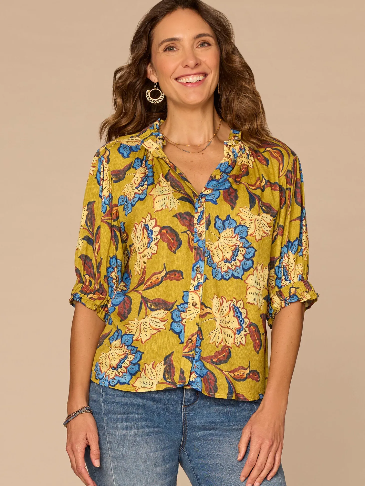 Elbow Sleeve Ruffle Split Neck Button Down Abstract Print Woven Top