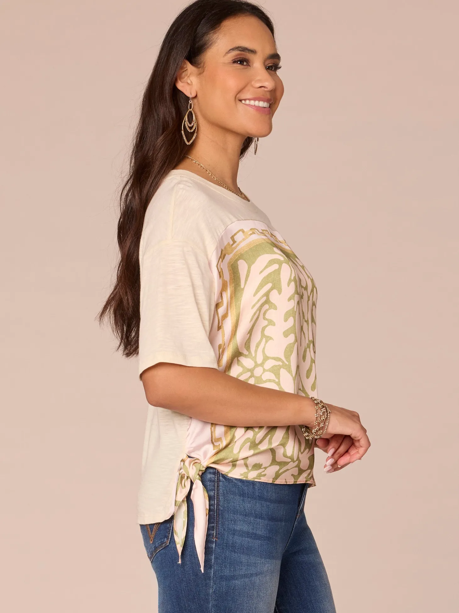 Elbow Sleeve Scoop Neck Side Tie Placement Print Mixed Media Knit Top