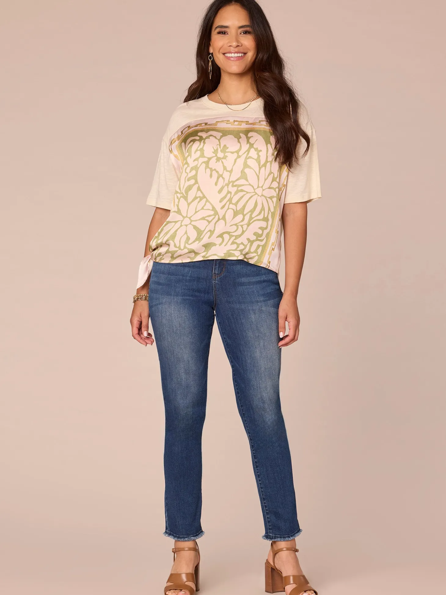 Elbow Sleeve Scoop Neck Side Tie Placement Print Mixed Media Knit Top
