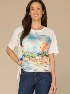 Elbow Sleeve Scoop Neck Side Tie Printed Mixed Media Petite Knit Top