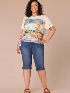 Elbow Sleeve Scoop Neck Side Tie Placement Print Plus Size Knit Top