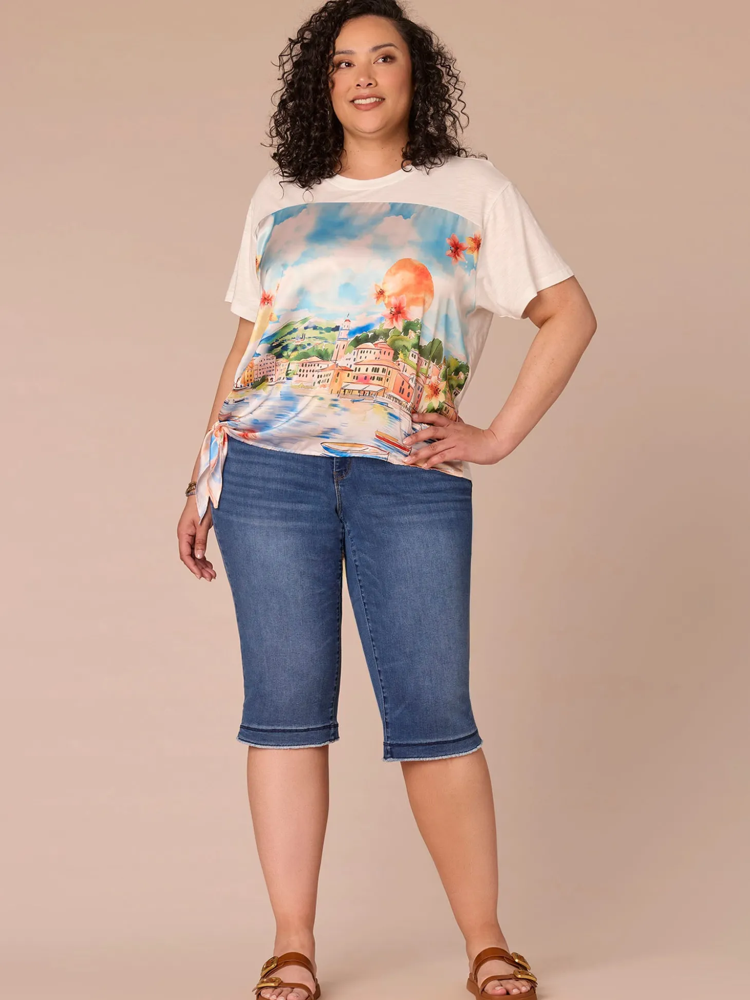 Elbow Sleeve Scoop Neck Side Tie Placement Print Plus Size Knit Top