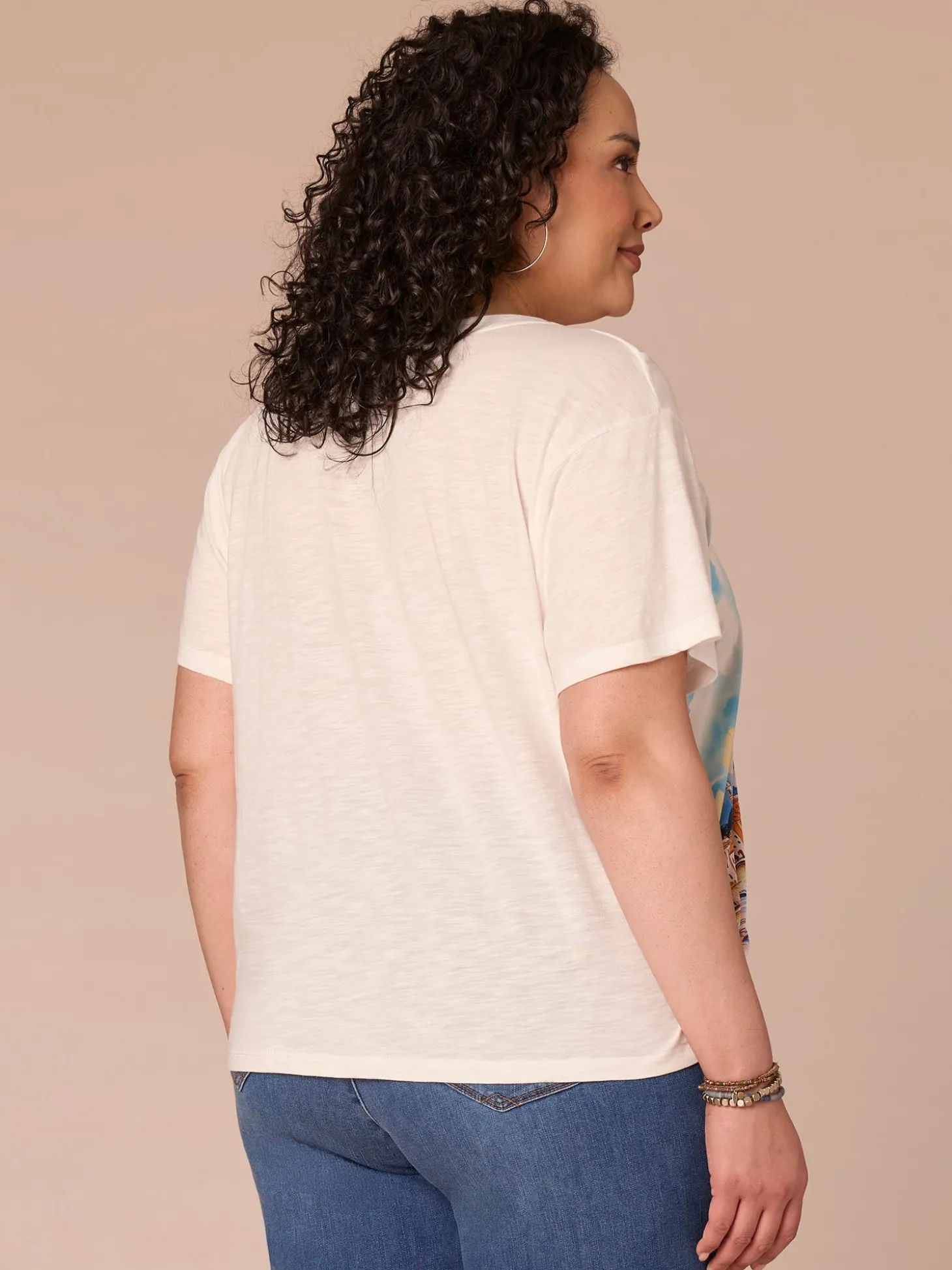 Elbow Sleeve Scoop Neck Side Tie Placement Print Plus Size Knit Top