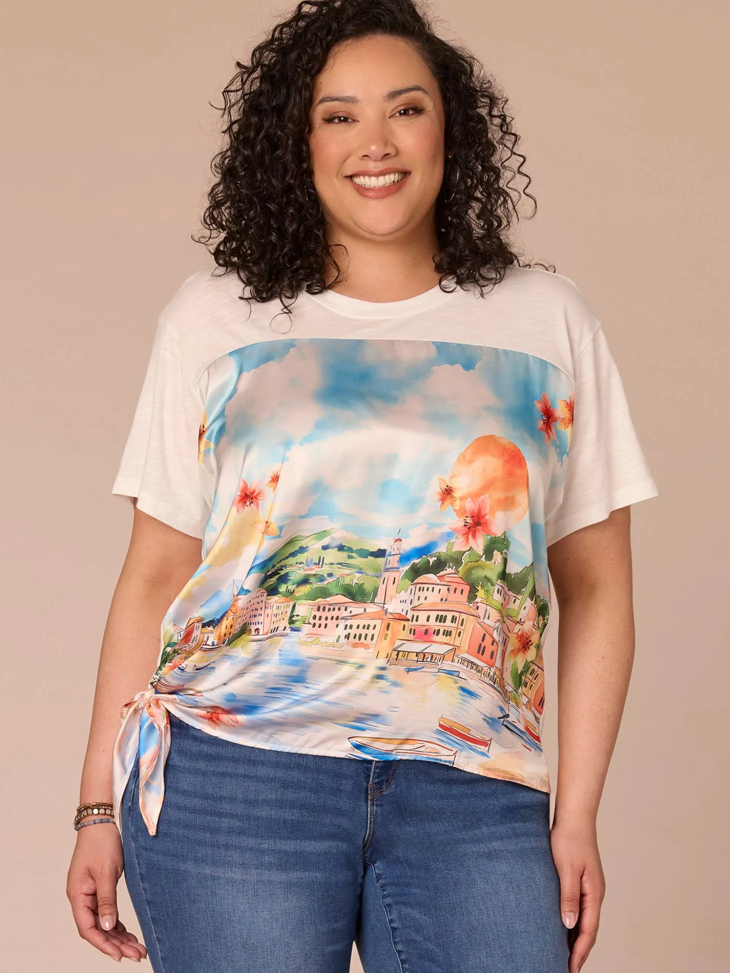 Elbow Sleeve Scoop Neck Side Tie Placement Print Plus Size Knit Top