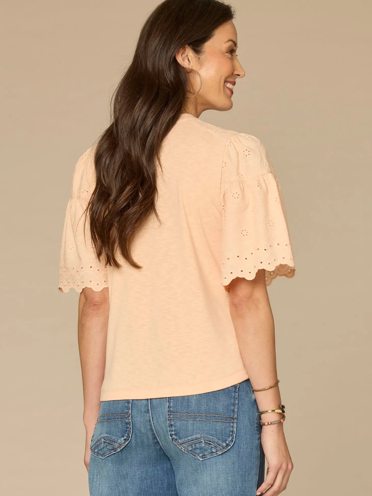 Embroidered Elbow Puff Sleeve Scoop Neck Mixed Media Knit Top