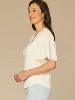 Embroidered Elbow Puff Sleeve Scoop Neck Mixed Media Knit Top