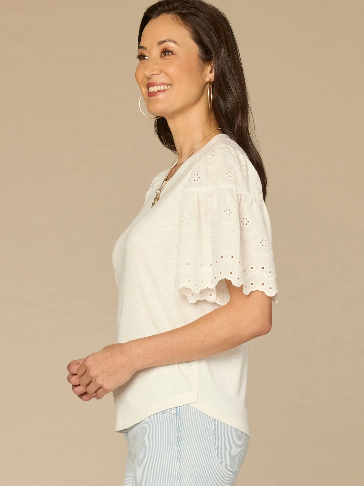 Embroidered Elbow Puff Sleeve Scoop Neck Mixed Media Knit Top