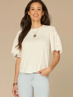Embroidered Elbow Puff Sleeve Scoop Neck Mixed Media Knit Top