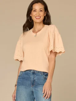 Embroidered Elbow Puff Sleeve Scoop Neck Mixed Media Knit Top