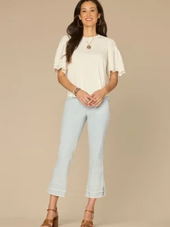 Embroidered Elbow Puff Sleeve Scoop Neck Mixed Media Knit Top