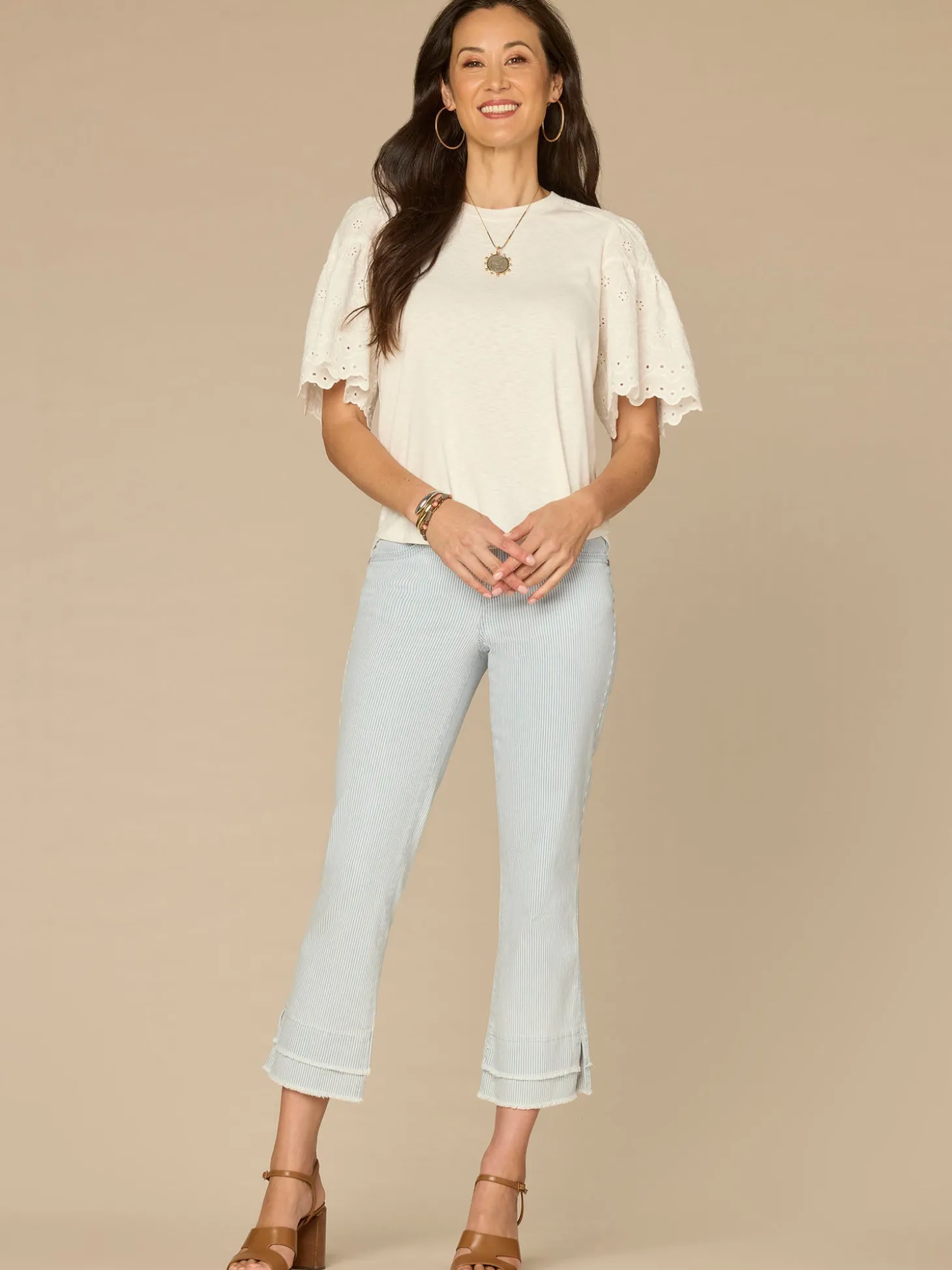 Embroidered Elbow Puff Sleeve Scoop Neck Mixed Media Knit Top
