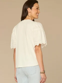 Embroidered Elbow Puff Sleeve Scoop Neck Mixed Media Knit Top