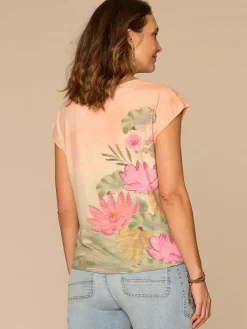 Extended Cap Sleeve Scoop Neck Knot Hem Floral Print Petite Knit Top