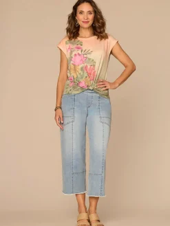 Extended Cap Sleeve Scoop Neck Knot Hem Floral Print Petite Knit Top