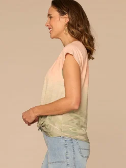 Extended Cap Sleeve Scoop Neck Knot Hem Floral Print Petite Knit Top