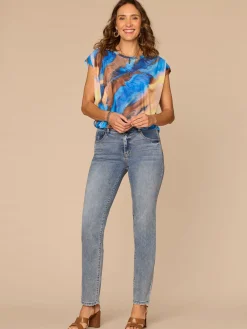 Extended Cap Sleeve Scoop Neck Pleated Bubble Hem Printed Knit Top