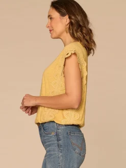 Extended Cap Sleeve Scoop Neck Scallop Trim Bubble Hem Knit Top