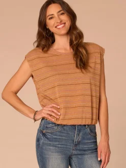 Extended Origami Cap Sleeve Scoop Neck Metallic Stripe Knit Top