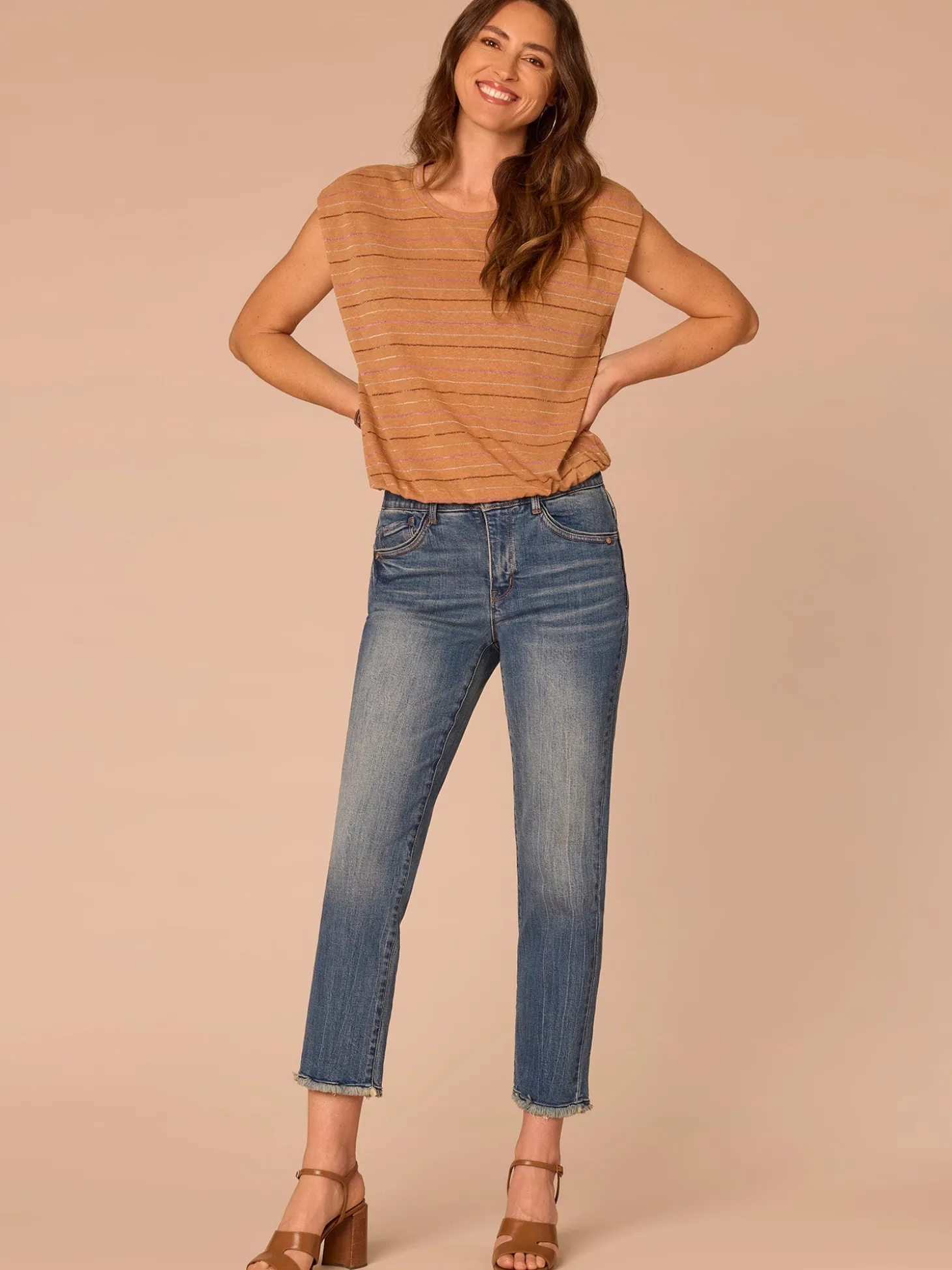 Extended Origami Cap Sleeve Scoop Neck Metallic Stripe Knit Top