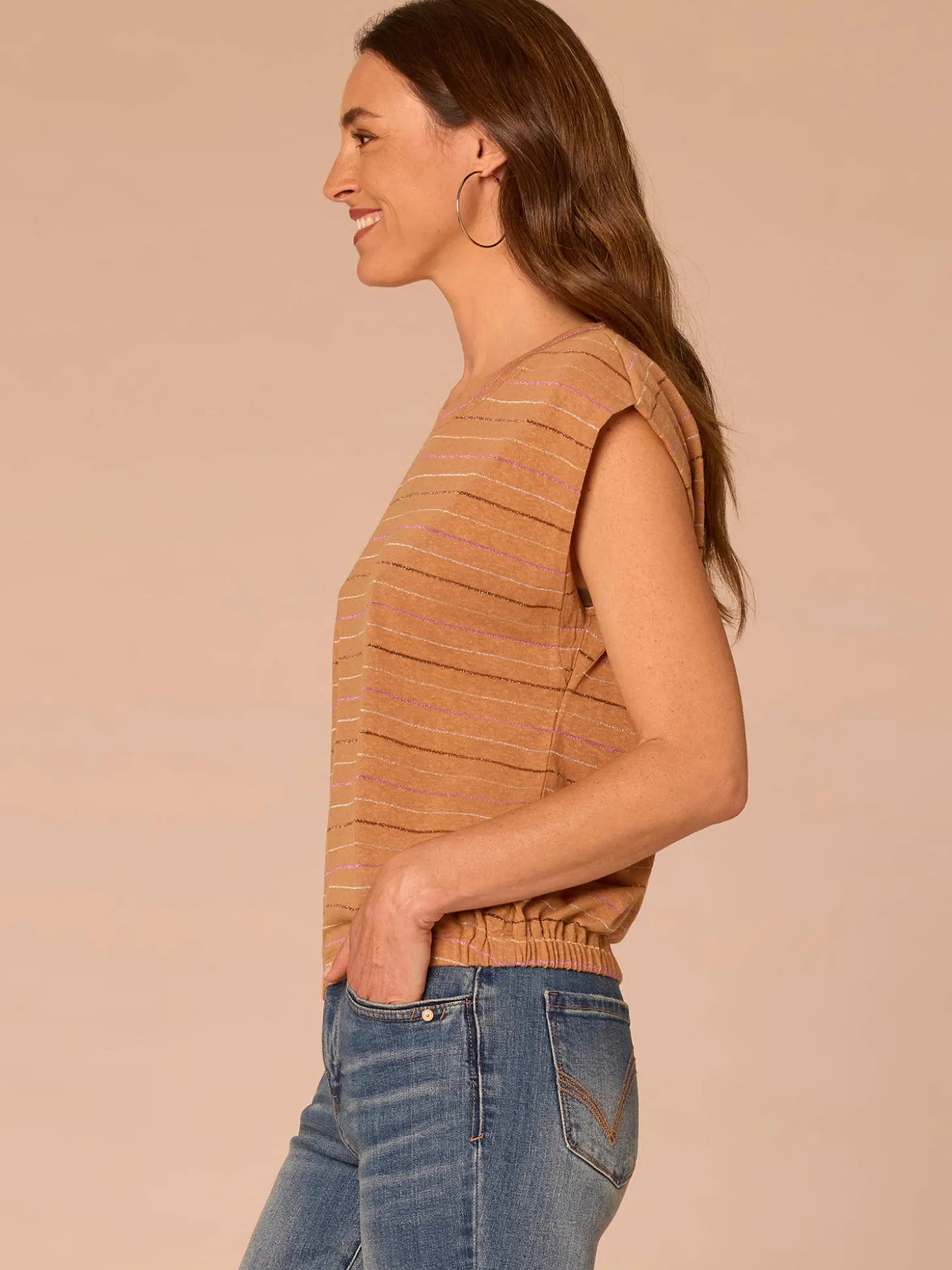 Extended Origami Cap Sleeve Scoop Neck Metallic Stripe Knit Top