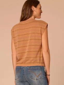 Extended Origami Cap Sleeve Scoop Neck Metallic Stripe Knit Top