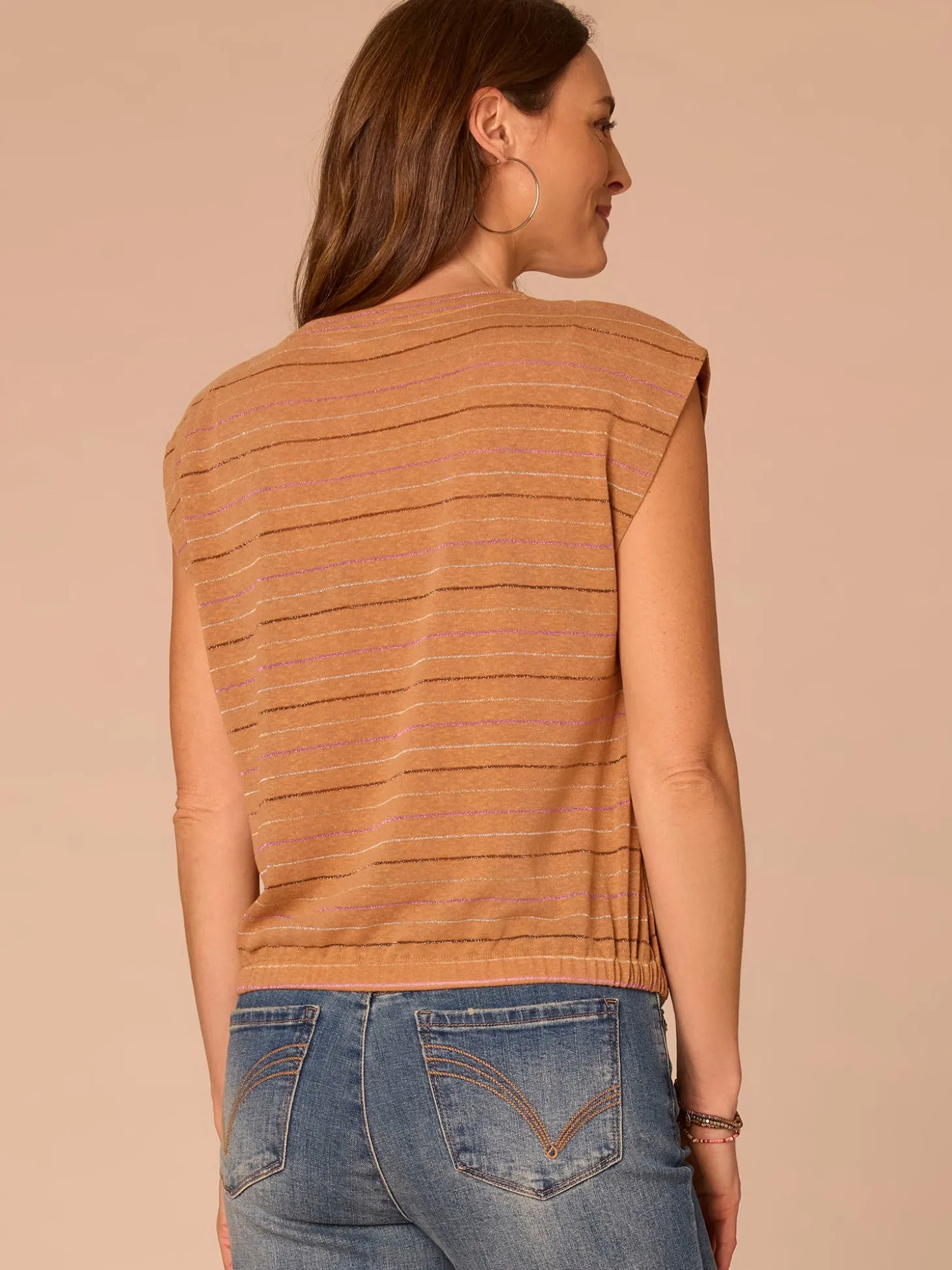 Extended Origami Cap Sleeve Scoop Neck Metallic Stripe Knit Top