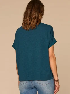 Extended Short Sleeve Scoop Neck Placement Print Mixed Media Knit Top